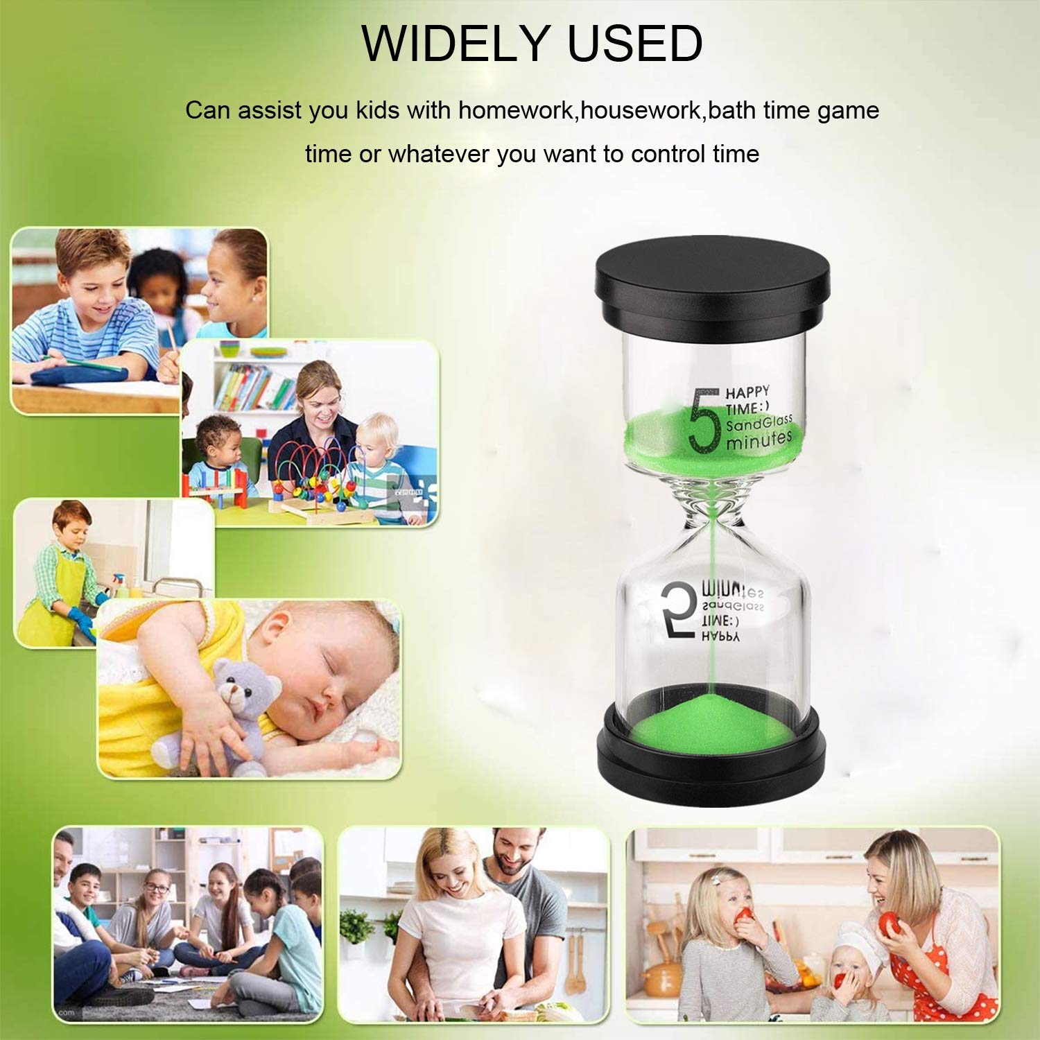 Suliao 5 Minute Hourglass: Green Sand Clcok Timer, Colorful Sand Watch 5 Min, Plastic Reloj De Arena 5 Minutos, Large Hour Glass